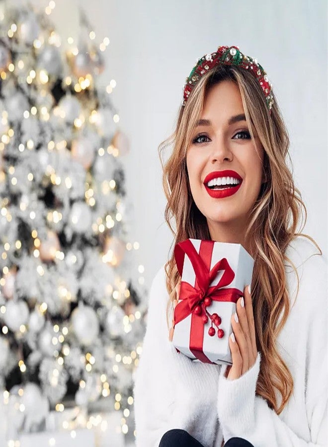 AMCAMI Christmas Headbands for Women Green Checkered Pearl Rhinestone Headband Top Knot Jeweled Wide Headband Hair Accessories Christmas Family Outfits Gifts - Image 2